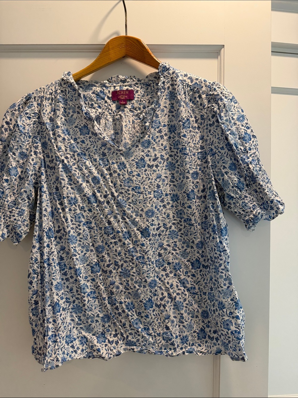 J. Crew Liberty White Top with Blue Floral Print and Puff Sleeves Size L